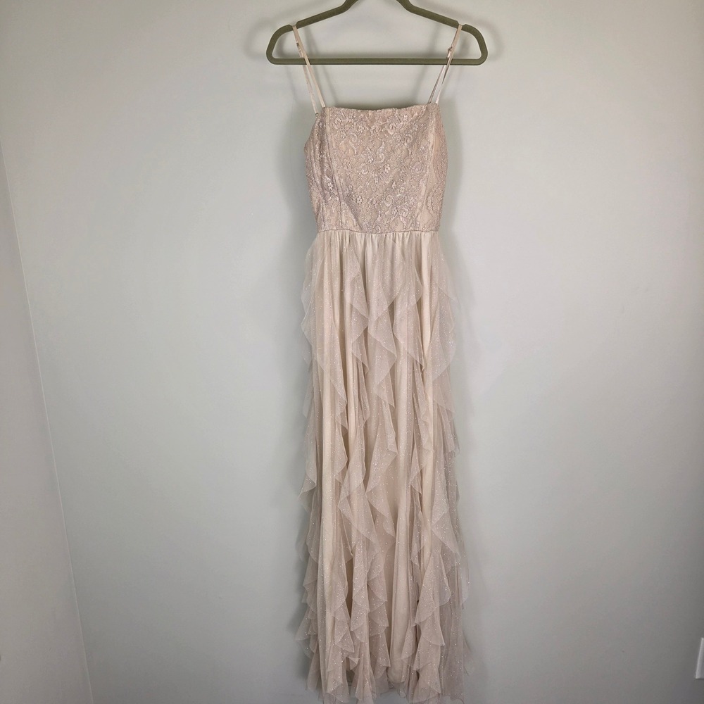 Lace and Glitter Tulle Ruffle Tiered Maxi Dress Champagne Pink Formal Gown